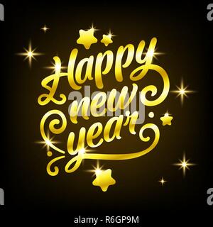 Golden Happy New Year sign 2019 Holiday Vector Illustration. Shiny Gold Lettering Composition With Sparkles Stock Vector