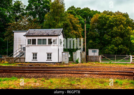 The distinctive and prominent gabled Highland Railway signal box at Pitlochry railway station, extensively remodelled in the early 21st century Stock Photo