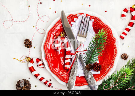 Christmas table place setting, Holiday background, top view, copy space Stock Photo
