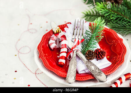Christmas table place setting, Holiday background, copy space Stock Photo