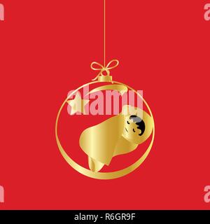 Flat Christmas Ball with Bow and  Baby Jesus Christ. Vector Gold Bauble with gold Baby Jesus Figure decorative xmas ornament. Illustration isolated on Stock Vector