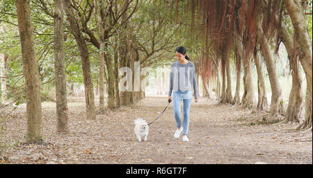 Woman run with dog in park Stock Photo