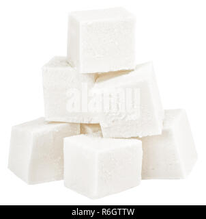 Heap of diced soft cheese isolated on white background. Stock Photo