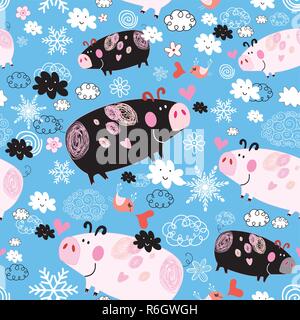 Seamless festive New Year's pattern with pigs on a blue background with snow and clouds. Template for design wallpaper, business cards and a poster. Stock Vector