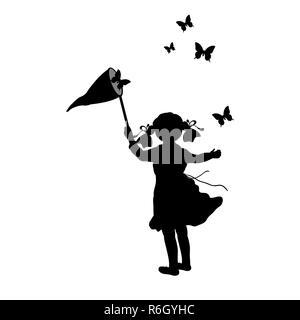 Silhouette girl with butterfly net Stock Photo