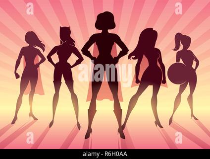 Conceptual illustration depicting team of female superheroes as a concept for sisterhood. Stock Vector