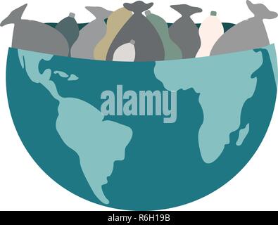 Oncept of global pollution. Half the planet is filled with garbage bags. Stock Vector