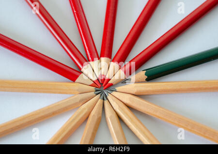 Two group of pencil and a green pencil. Leadership, uniqueness, independence, initiative, strategy, dissent, think different, business success concept