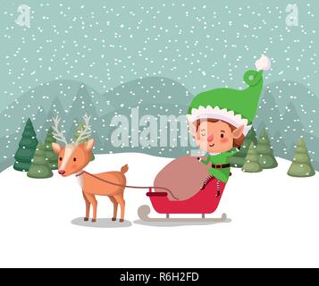 santa helper with carriage and reindeer snowscape Stock Vector