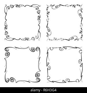 Flourish, squiggly Vector Frame. Rectangle with squiggles, twirls and embellishments for image and text elements. Hand drawn black highlighting curlicue border isolated on the white background. Doodle effect. Pencil marks. Cartoon style. Geometric shapes for your design. Sketch look Stock Vector