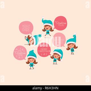 group of girl santa helpers with speech bubbles Stock Vector