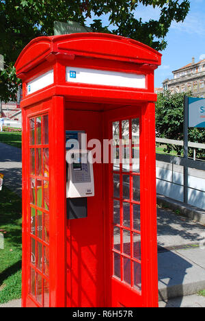 Telephone box in Porto, Portugal, Jardim do Infante Dom Henrique. Porto is the second-largest city in Portugal after Lisbon Stock Photo