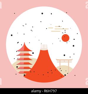 Japan travel background Pagoda Torii Mountain Fuji Beautiful landmarks in Winter time Vector illustration Stock Vector