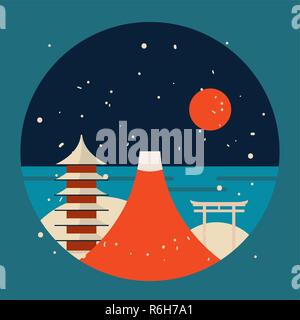 Japan travel background Pagoda Torii Mountain Fuji Beautiful landmarks in Winter time Vector illustration Stock Vector
