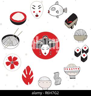 Hand drawn Japan and Asia design elements collection Vector illustration Stock Vector