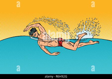 virtual reality glasses man swimmer swims. Pop art retro vector illustration vintage kitsch Stock Vector