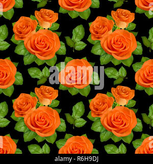 Seamless background with orange roses on black background. Stock Photo