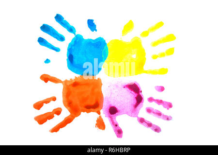 Pink and blue child's handprints isolated on white. Stock Photo