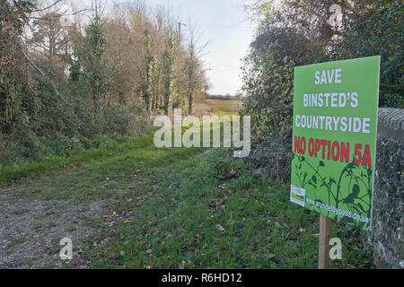 No Option 5A protest sign objecting to the new Arundel bypass, Binsted, West Sussex. Binsted is a village steeped in folklore. Stock Photo