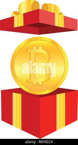 Coin bitcoin in a gift box the concept of crypto currency the best gift Stock Vector