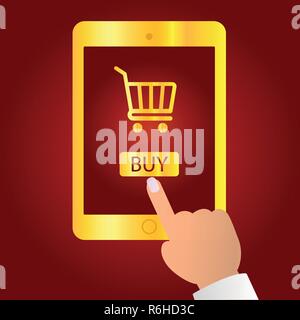 Hand hold tablet and pointing to the screen, shop online store on the smartphone Stock Vector