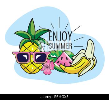 pineapple wearing sunglasses with watermelon and banana fruits Stock Vector