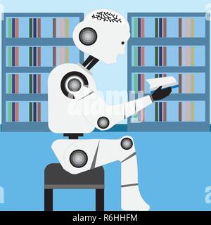 Robot reading a book at the library.Machine learning,artificial intelligence vector illustration design. Stock Vector