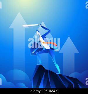 Flat isometric vector concept. A businessman that looks like a superhero is showing sword on mountain. Stock Vector