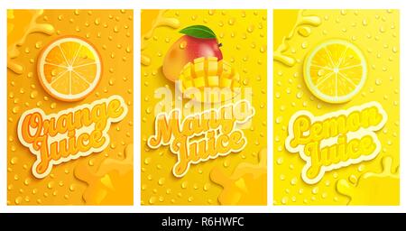 Set of fresh and cold lemon,mango,orange juices with drops from condensation on background, splashing and fruit slices for brand,logo and template,label,emblems,stores,packaging,advertising.Vector Stock Vector