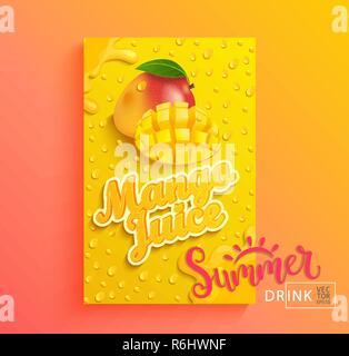 Fresh mango juice banner with drops from condensation, splashing and fruit slice on gradient hot summer background for brand,logo, template,label,emblem,store,packaging,advertising.Vector illustration Stock Vector