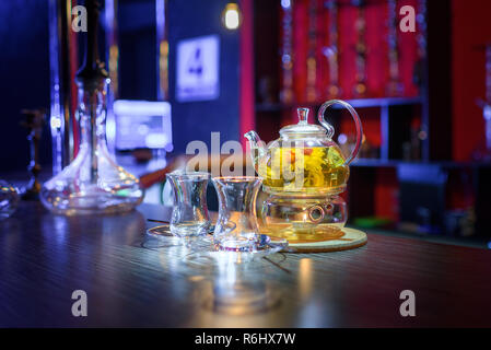 flower tea and two cups on the table Stock Photo