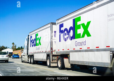 December 3, 2018 Los Angeles / CA / USA - FedEx Ground truck driving on the highway Stock Photo