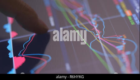 Finger touch on the screen with stock market display Stock Photo