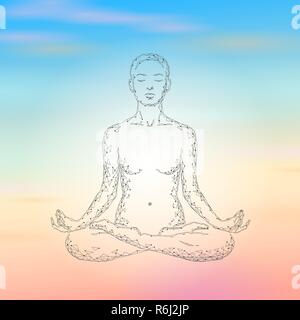 Yoga practice woman in lotus position low poly silhouette. Polygonal yoga relaxation exercise wellness class. Sunrise morning sky sunset Buddhism esoteric Kundalini energy vector illustration Stock Vector