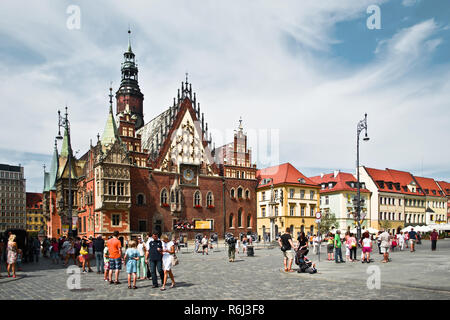 WROCLAW POLAND - August  18 2013: The Old Town Hall (Stary Ratusz) stands at the center of the city's Market Square (Rynek) on August  18  in Wroclaw Stock Photo