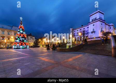 BIELSKO-BIALA, POLAND - DECEMBER 25, 2015: City castle in Bielsko-biala in the evening decorated by the christmas lights, Poland. on december 25, 2015 Stock Photo