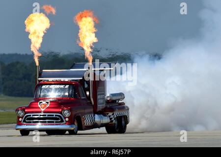 jet truck participated in the Wings Over Wayne Air Show, May 20, 2017, at Seymour Johnson Air Force Base, North Carolina. The Hot Streak II is a twin-jet engine 1957 Chevrolet pickup, capable of reaching speeds exceeding 350 miles per hour. Stock Photo
