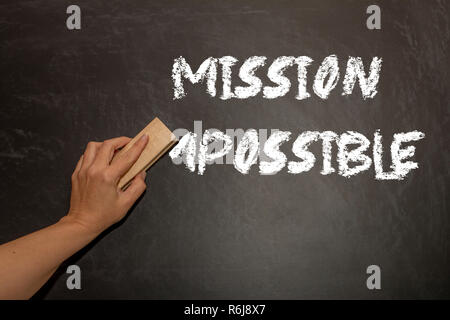 hand changing the word impossible to possible. Alphabet I, M being erased from a chalkboard. Change concept. Stock Photo