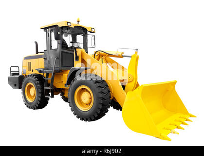 Modern yellow loader bulldozer excavator construction machinery equipment isolated on white background Stock Photo