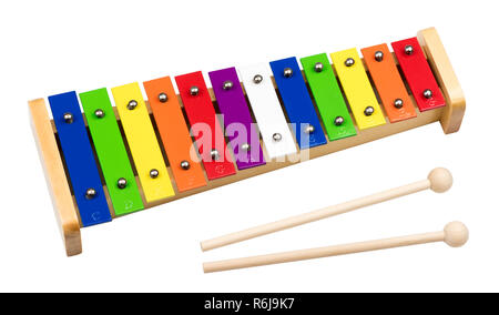 Rainbow Colored Wooden Xylophone Isolated on White Background Stock Photo