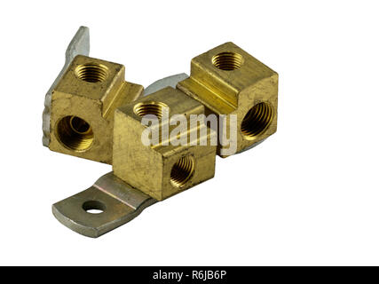 Antique vintage american automobile brass fuel line fittings with brackets Stock Photo