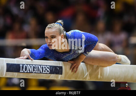 Doha, Qatar. 1st Nov, 2018. ELSABETH BLACK from Canada competes on the balance beam during the All-Around Finals competition held at the Aspire Dome in Doha, Qatar. Credit: Amy Sanderson/ZUMA Wire/Alamy Live News Stock Photo