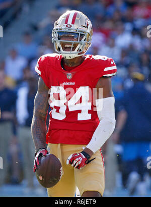 September 30, 2018 San Francisco 49ers wide receiver Kendrick Bourne (84)  celebrates a catch during the football game between the San Francisco 49ers  and the Los Angeles Chargers at the StubHub Center in Carson, California.  Charles Baus/CSM