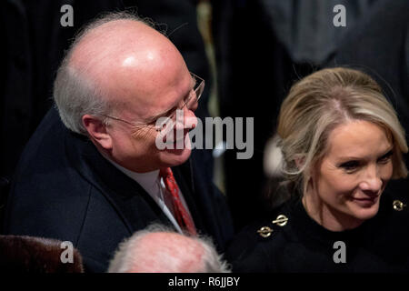 Washington. 5th Dec, 2018. Republican strategist and former White House senior adviser Karl Rove, left, and former White House press secretary for President George W. Bush Dana Perino, depart following the State Funeral for former President George H.W. Bush at the National Cathedral, Wednesday, Dec. 5, 2018, in Washington. Credit: Andrew Harnik/Pool via CNP | usage worldwide Credit: dpa/Alamy Live News Stock Photo