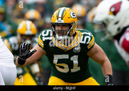 Green Bay, WI, USA. 2nd Dec, 2018. Green Bay Packers offensive tackle David  Bakhtiari #69 pass blocks during the NFL Football game between the Arizona  Cardinals and the Green Bay Packers at