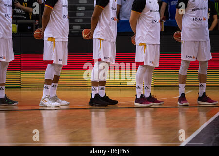 03 December 2018, Baden-Wuerttemberg, Ludwigsburg: Basketball: World Cup qualification, Germany - Estonia, Europe, 2nd round, Group L, 4th matchday: Players of the German national basketball team stand in front of an LED wall with the German flag on it. Photo: Sebastian Gollnow/dpa Stock Photo