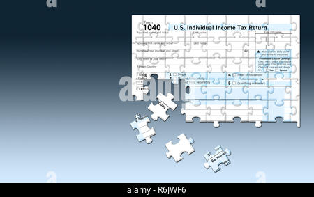 A U.S. Federal 1040 income tax form is seen as a jigsaw puzzle with pieces out of place in this image. This supports the theme of the annual task of p Stock Photo