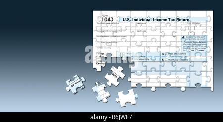 A U.S. Federal 1040 income tax form is seen as a jigsaw puzzle with pieces out of place in this image. This supports the theme of the annual task of p Stock Photo