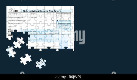 A U.S. Federal 1040 income tax form is seen as a jigsaw puzzle with pieces out of place in this image. This supports the theme of the annual task of p Stock Photo