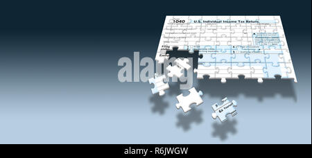 A U.S. Federal 1040 income tax form is seen as a jigsaw puzzle with pieces out of place in this image. This supports the theme of the annual task of p Stock Photo